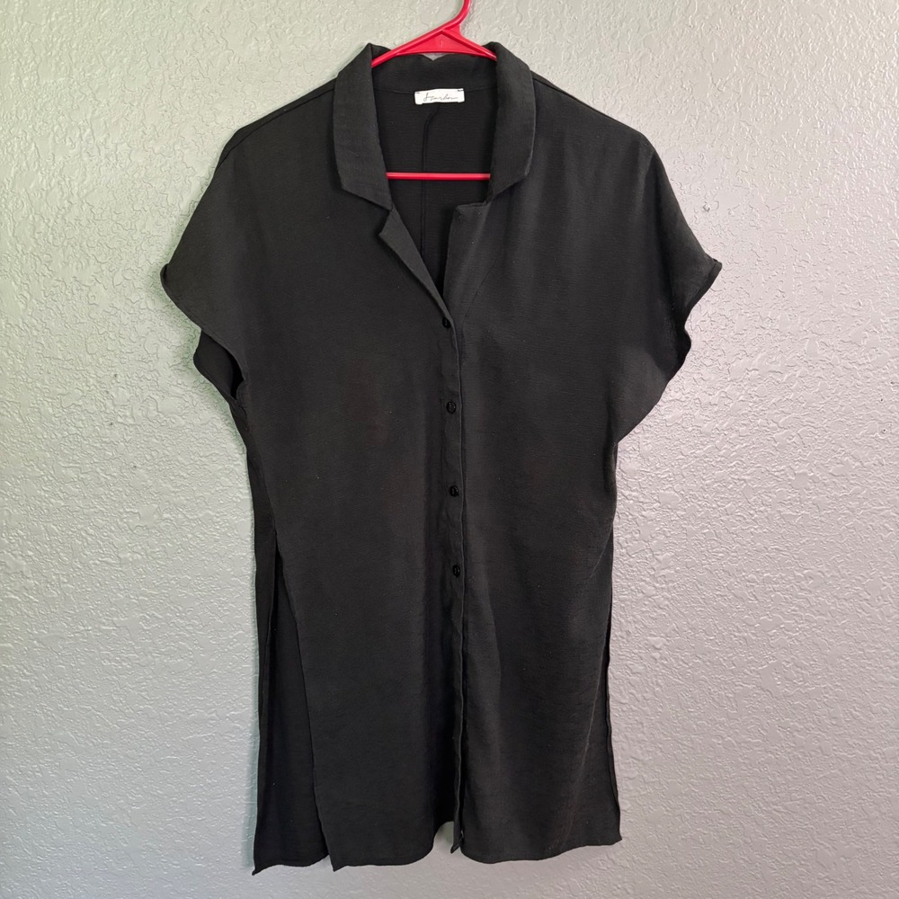Harlow Black Linen Blend Button Front Tunic Top Short Sleeve Collared Blouse